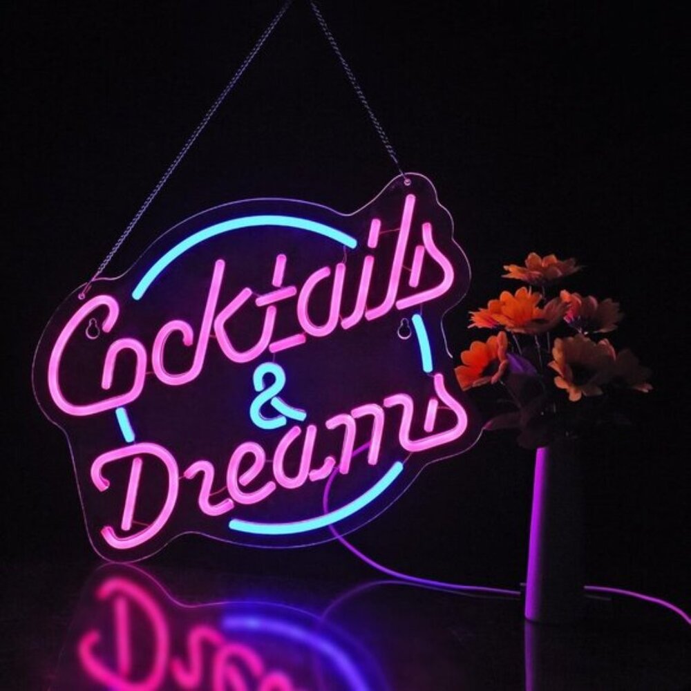 New Cocktails and Dreams Neon Sign, Dimmable LED Light for Bar, Wall & Party